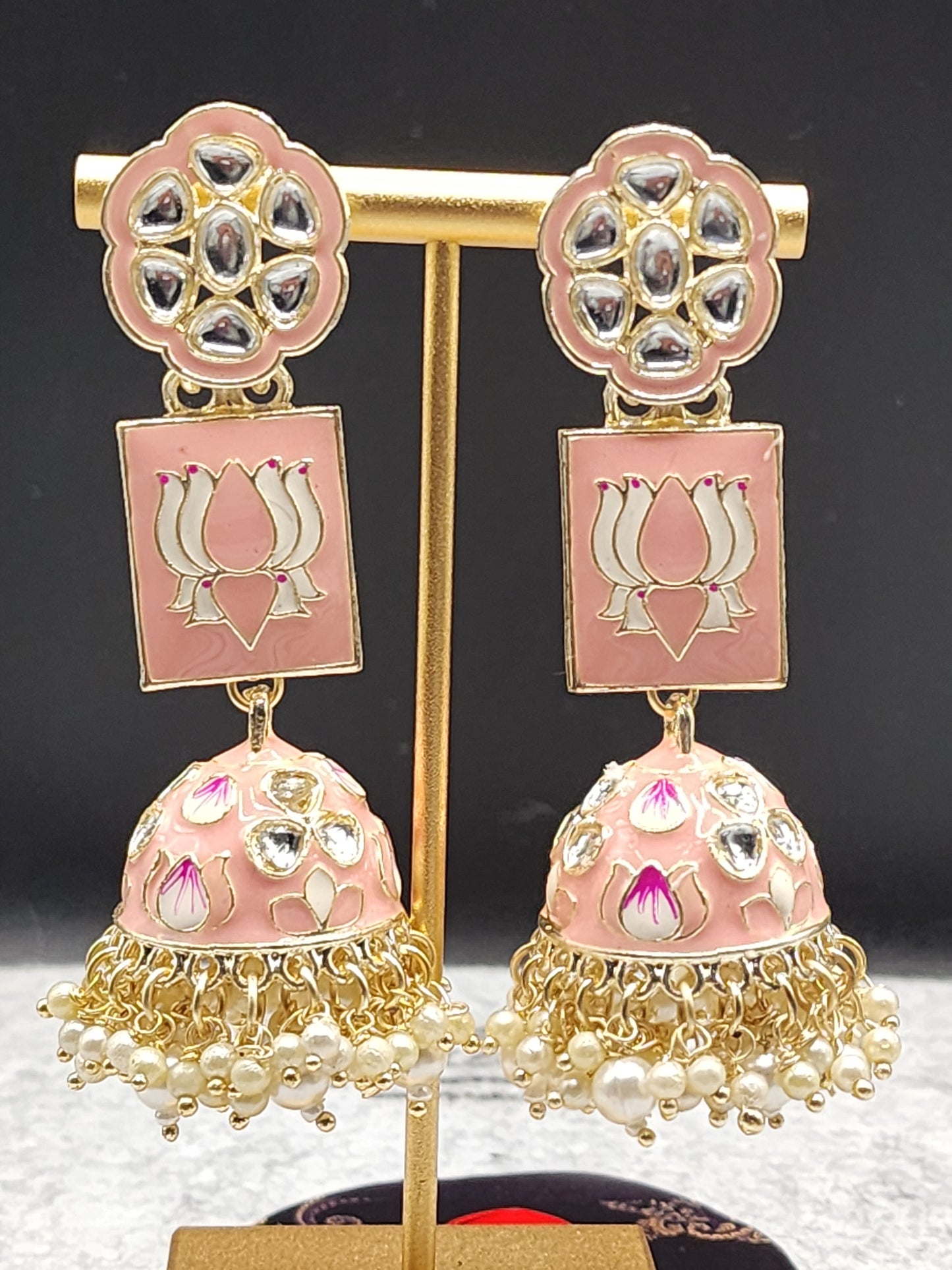 Peach Pink Meenakari Lotus Kundan Jhumka Earrings | Pearl Drop Indian Statement Earrings