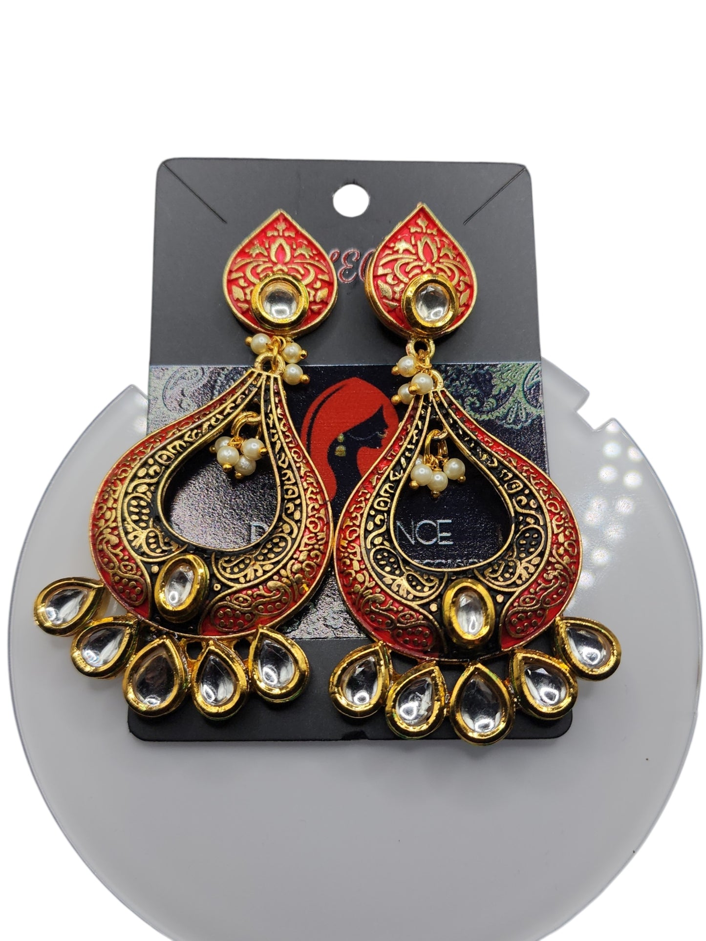 PSK ELEGANCE Red & Gold Kundan Chandbali Earrings with Pearl Drops | Traditional Indian Statement Jewelry