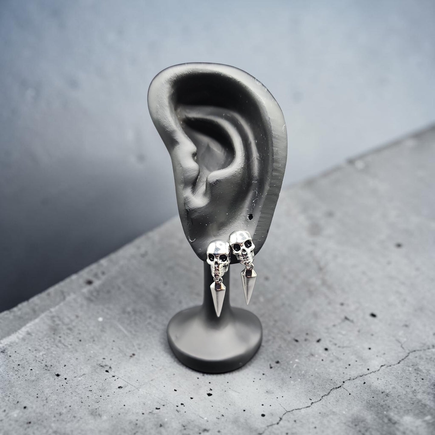 PSK ELEGANCE Skull Spike Drop Earrings | Edgy Silver Statement Jewelry