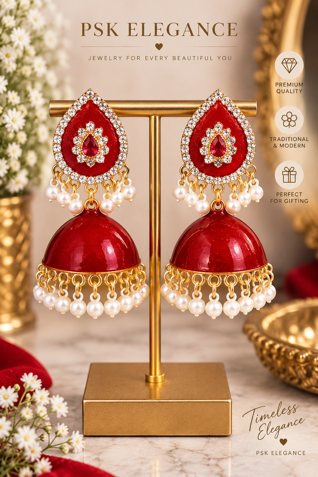Red & Gold Pearl Jhumka Earrings