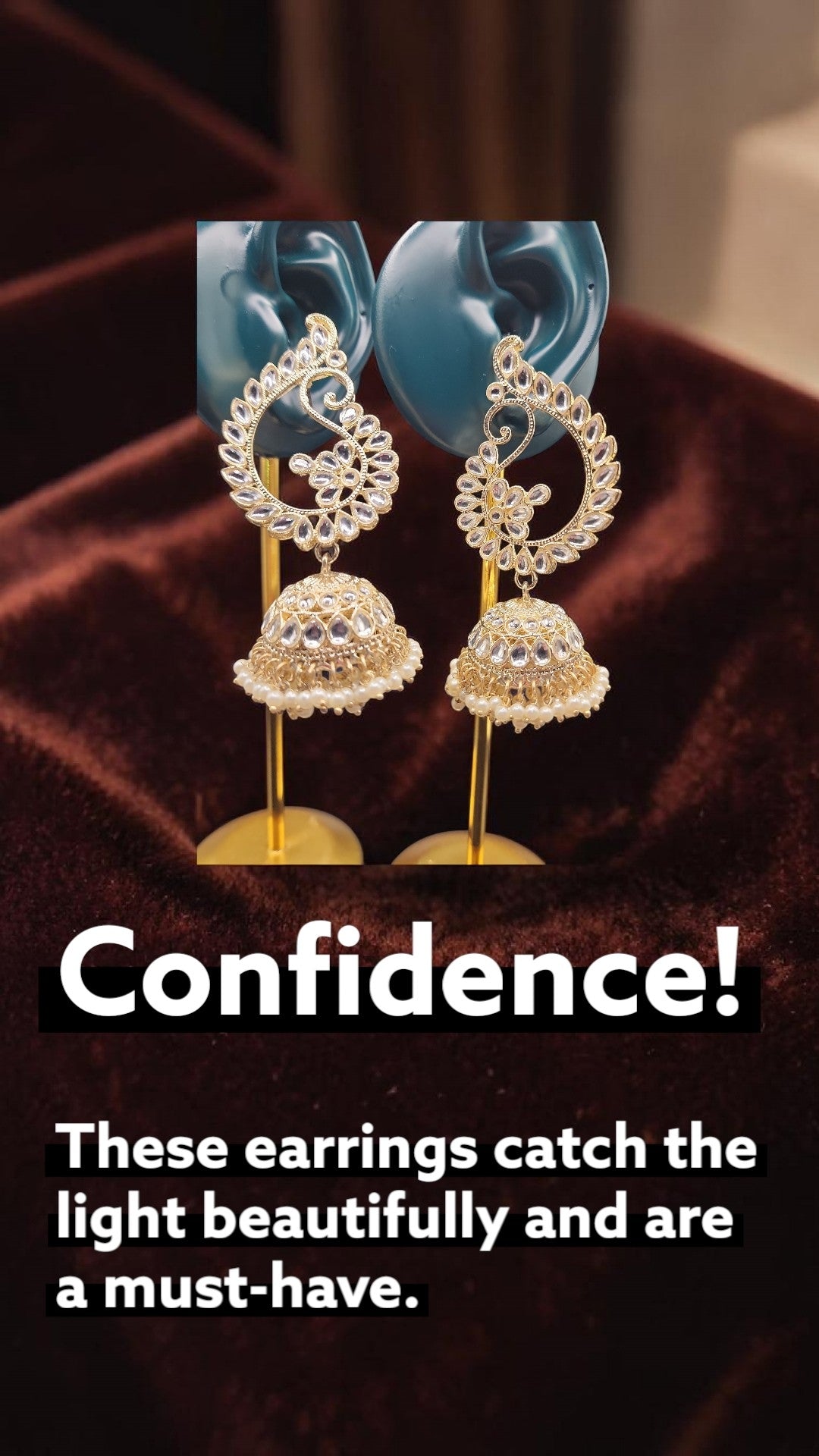 Gold Kundan Paisley Jhumka Earrings | Pearl Drop Indian Statement Earrings