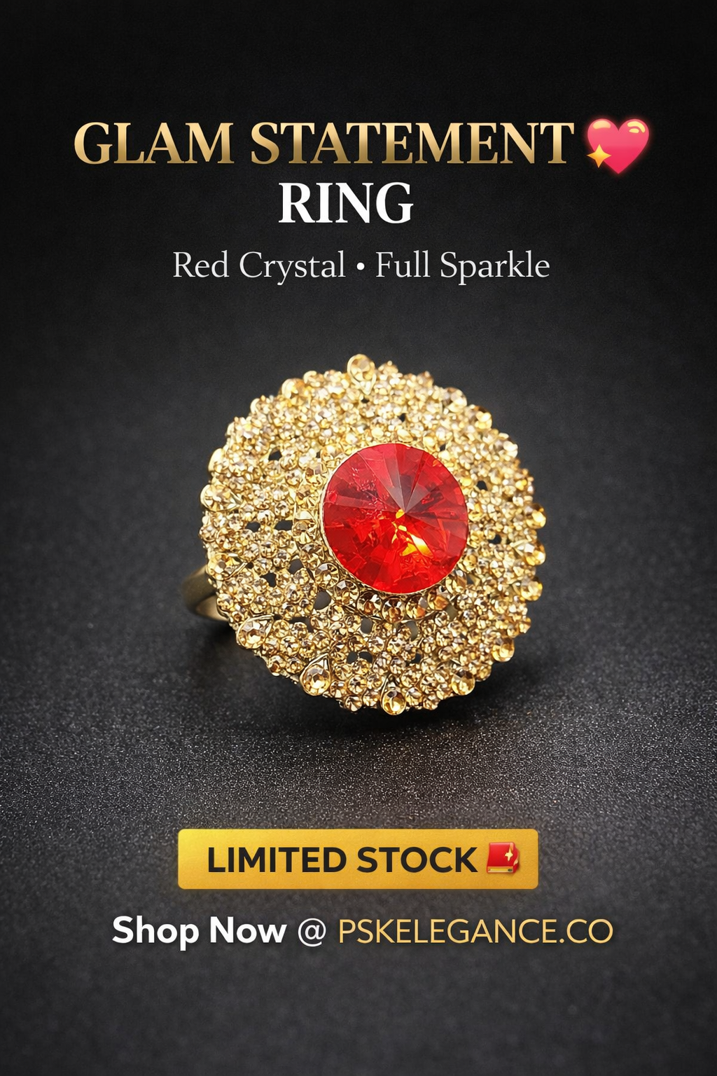 PSK ELEGANCE Red Crystal Statement Ring | Gold Rhinestone Halo Adjustable Cocktail Ring for Women