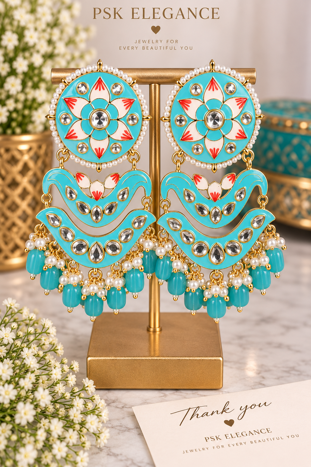 Turquoise Floral Kundan Jhumka Earrings