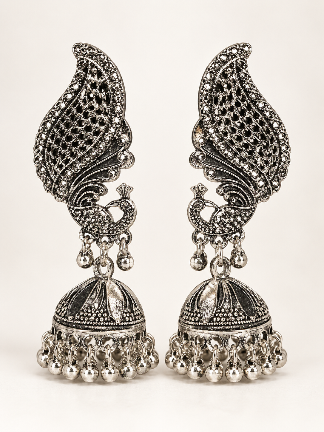 Oxidized Silver Peacock Jhumka Earrings
