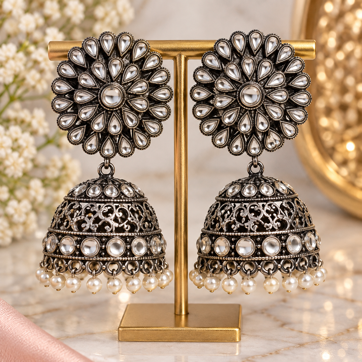 Oxidized Silver Jhumka Earrings | Pearl Floral Statement Earrings