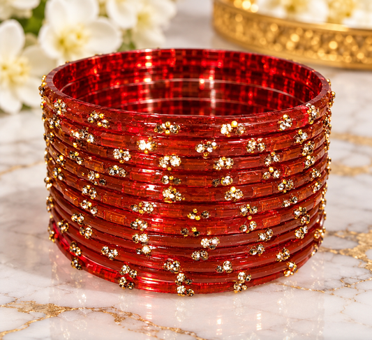 Red Glitter Glass Bangles – Set of 12 Pairs | Size 2.8
