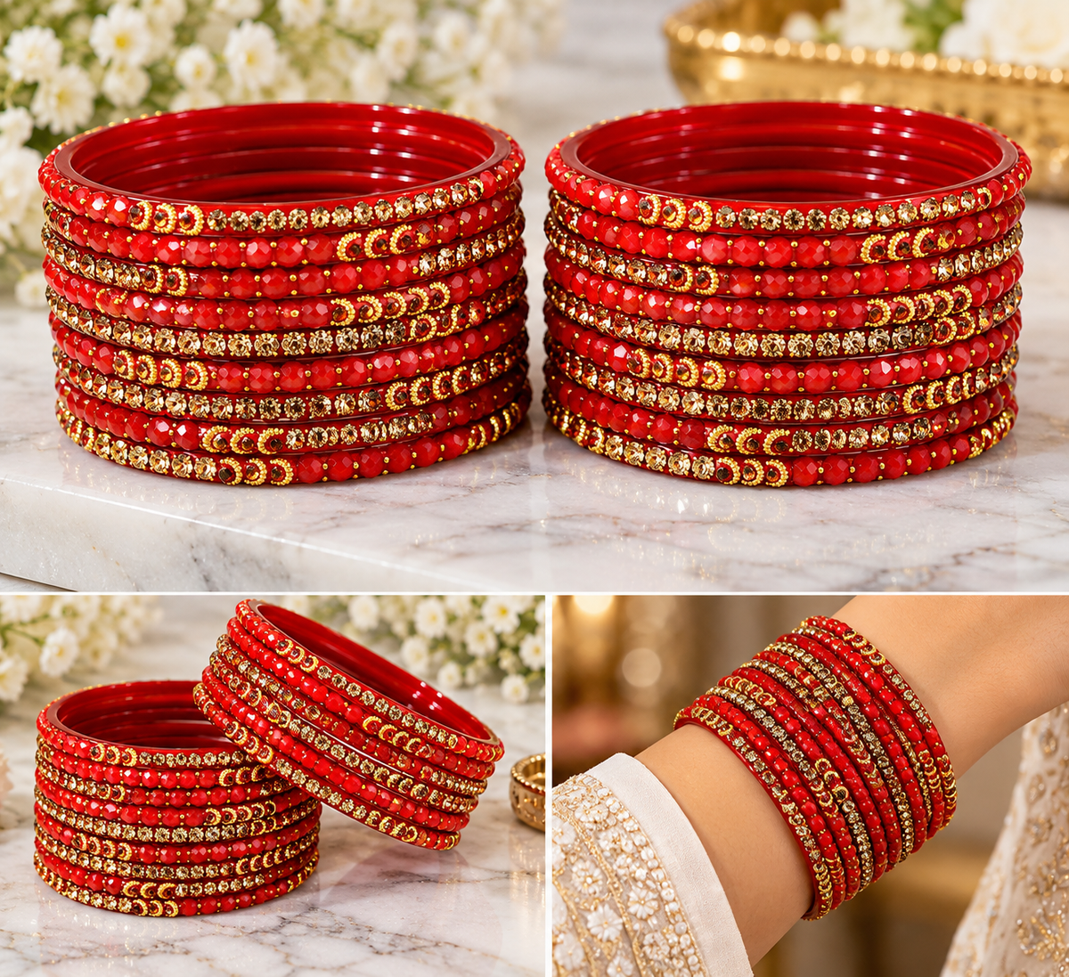 Red Embellished Glass Bangles – Gold-Tone Rhinestone Design | Set of 12