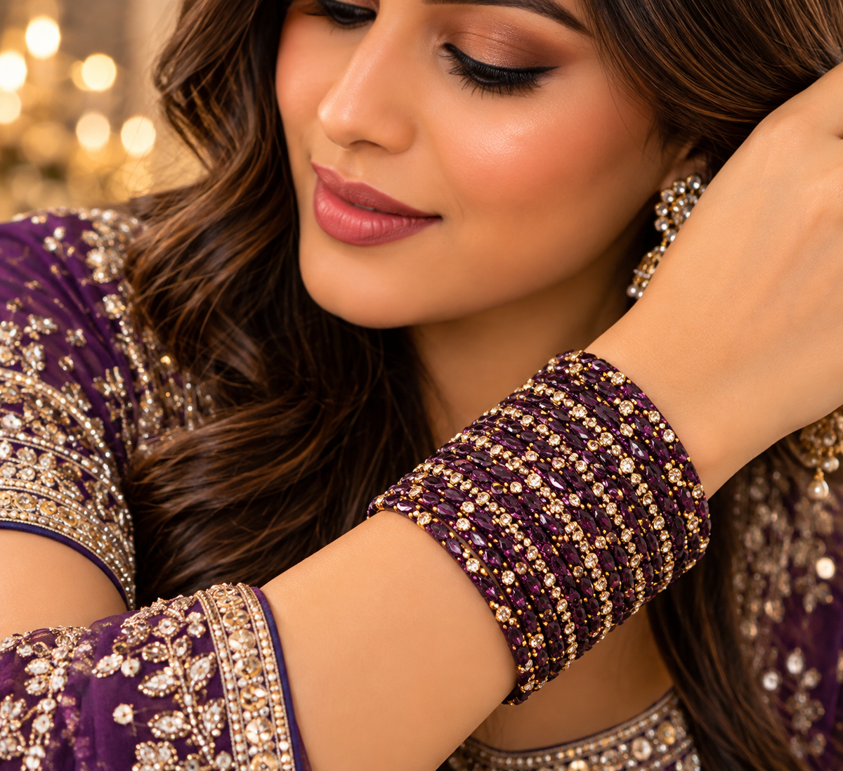 Purple Glitter Glass Bangles with Gold-Tone Embellishments – Set of 12, Size 2.8