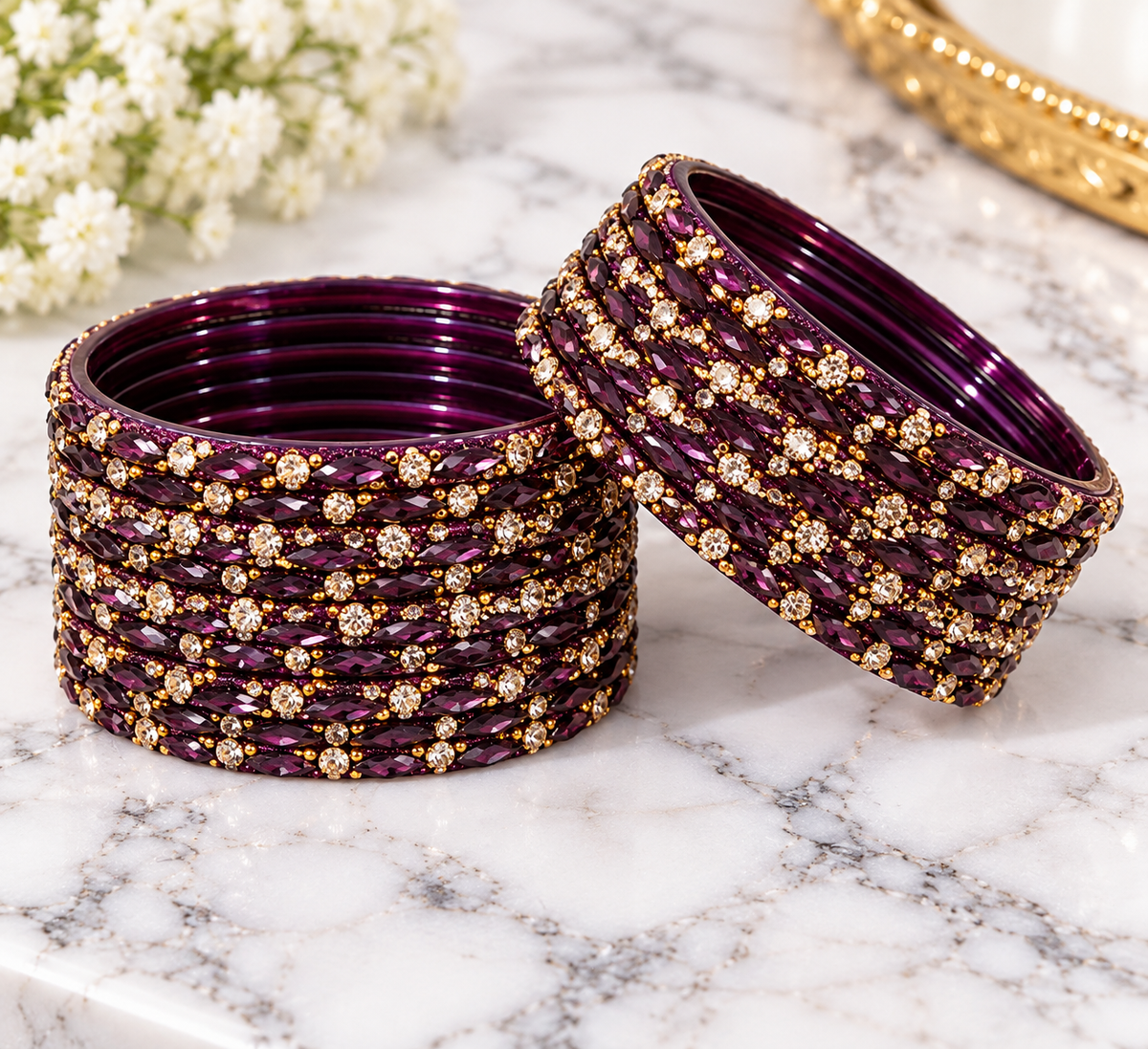 Purple Glitter Glass Bangles with Gold-Tone Embellishments – Set of 12, Size 2.8