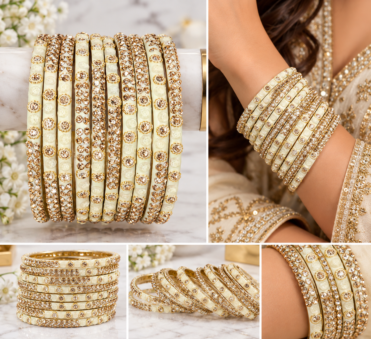 Ivory White Rhinestone Bangles Set – Gold-Tone- Pair of 10