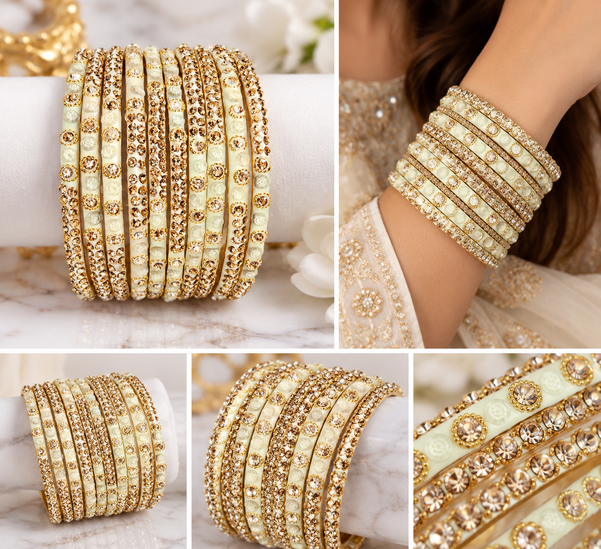 Ivory White Rhinestone Bangles Set – Gold-Tone- Pair of 10