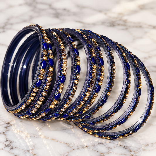 Navy Blue Glass Bangles with Gold Rhinestone Embellishments – Set of 10, Size 2.8