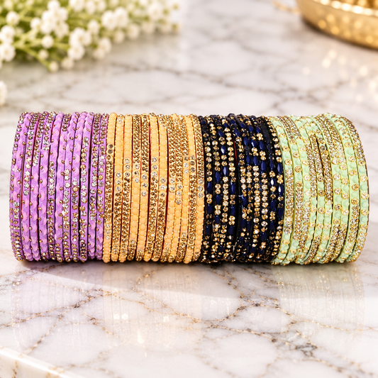 Multicolor Embellished Glass Bangles – Lavender, Peach, Navy &Ivory