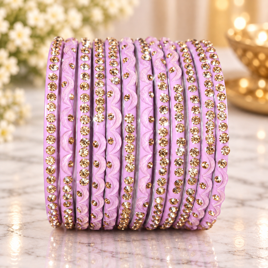 Lavender Pink &amp; Gold Rhinestone Bangles – Set of 12