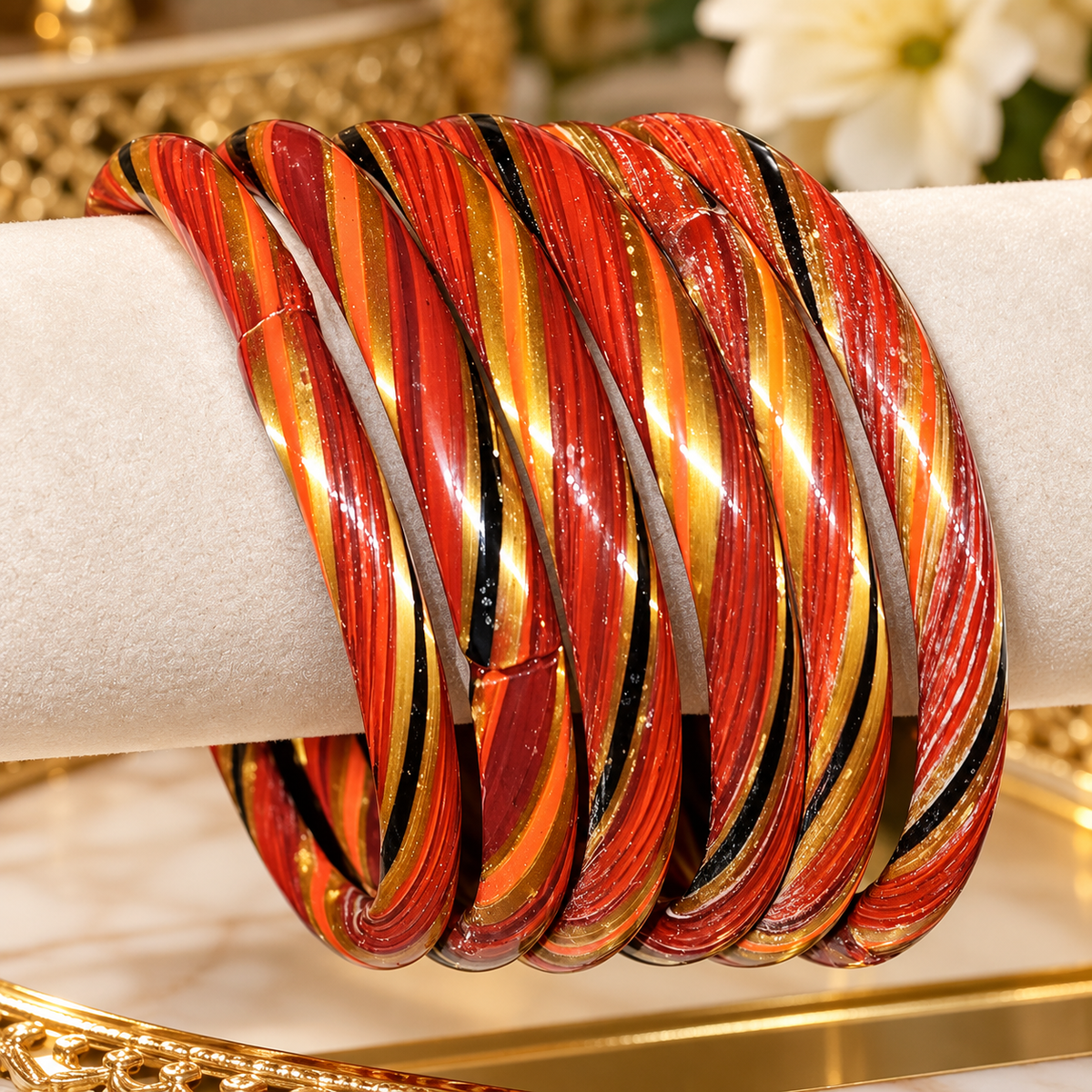 Red, Orange & Gold Spiral Glass Bangles