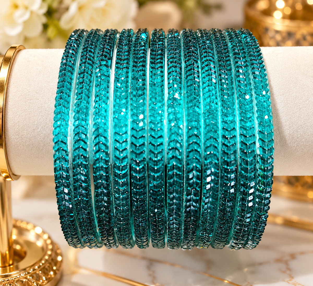 Teal Blue Glitter Glass Bangles
