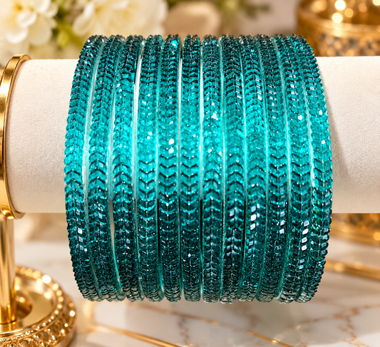 Teal Blue Glitter Glass Bangles