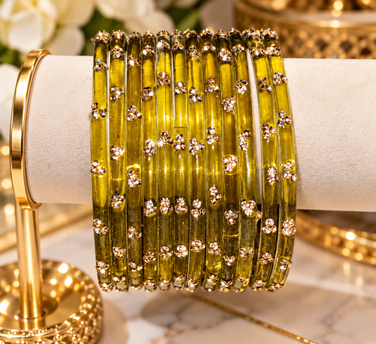 Olive Gold Rhinestone Glass Bangles