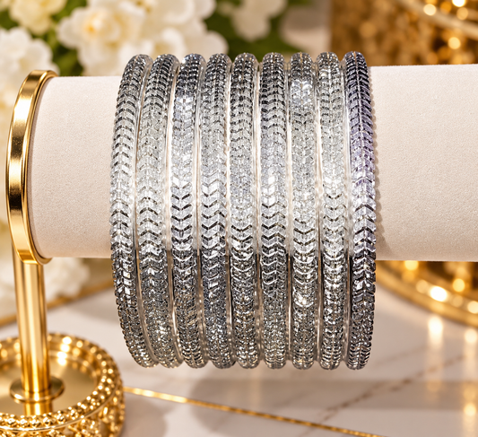 Silver-Clear Glitter Glass Bangles