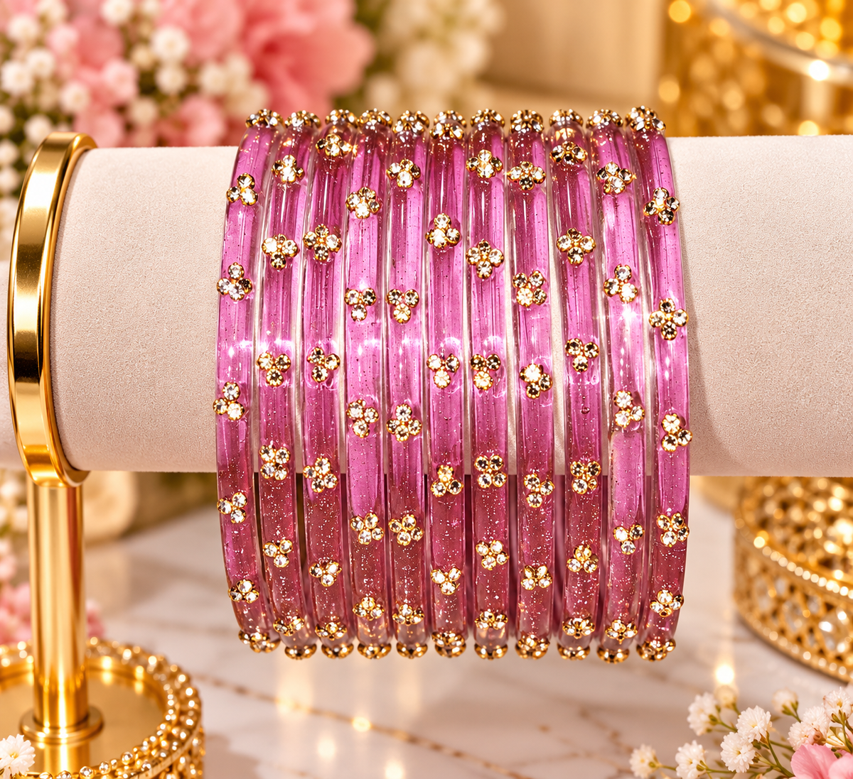 Mauve-pink-gold-floral-glass-bangles