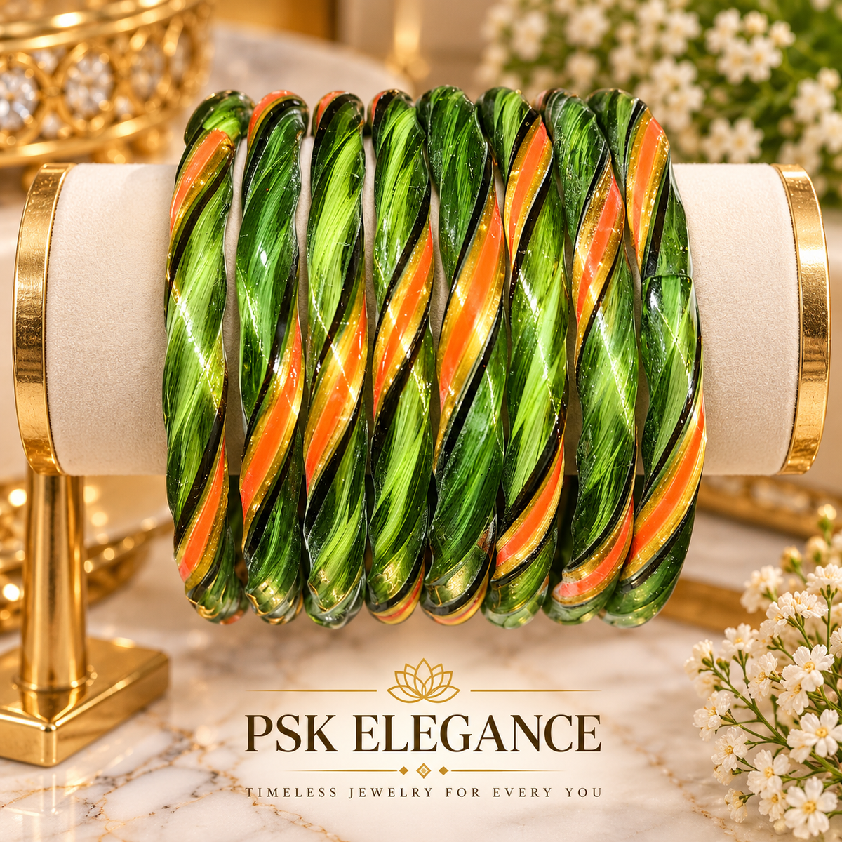 Green  Orange Twisted Glass Bangles