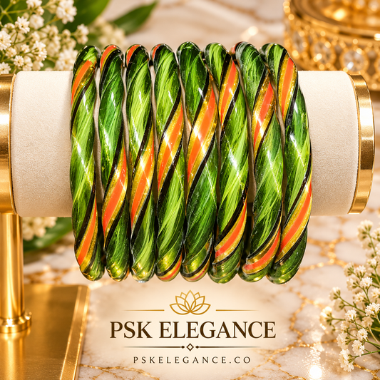 Green  Orange Twisted Glass Bangles