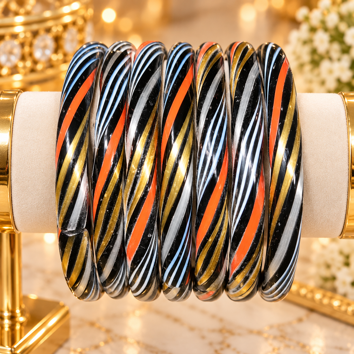 Black  Multicolor Twisted Glass Bangles