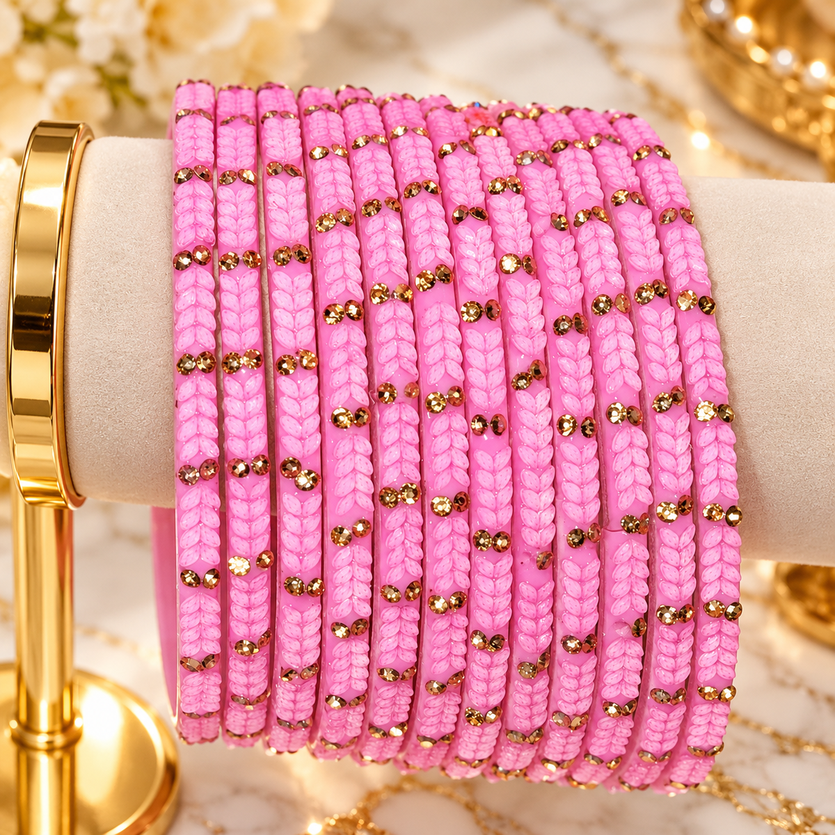 Pink Floral Rhinestone Bangles