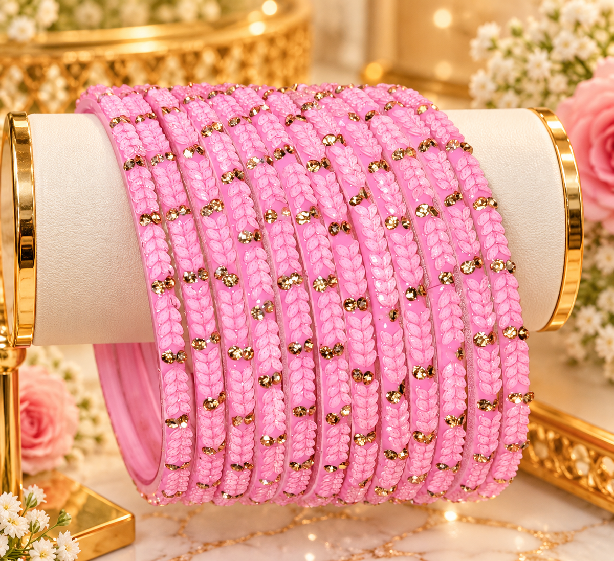 Pink Floral Rhinestone Bangles