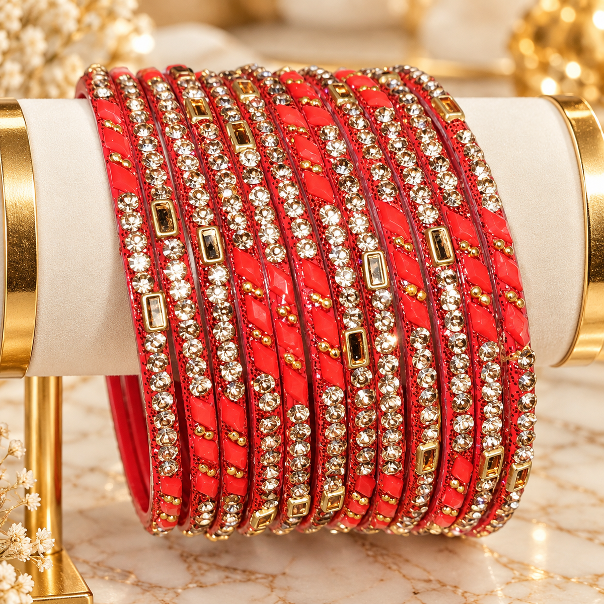 Red & Gold Rhinestone Statement Bangles