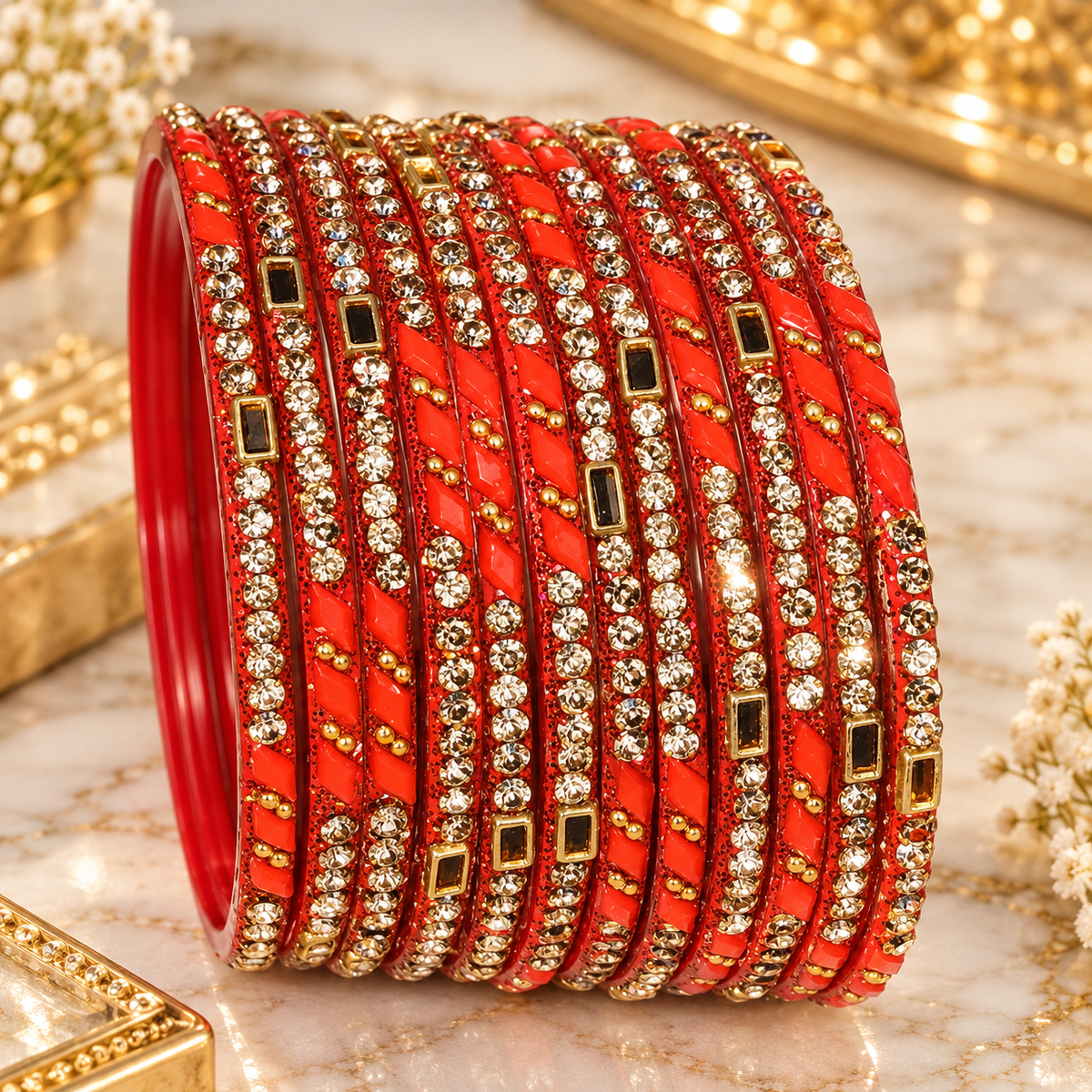Red & Gold Rhinestone Statement Bangles