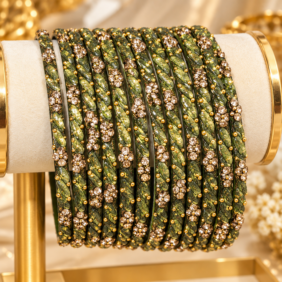 Olive Green &amp; Gold Rhinestone