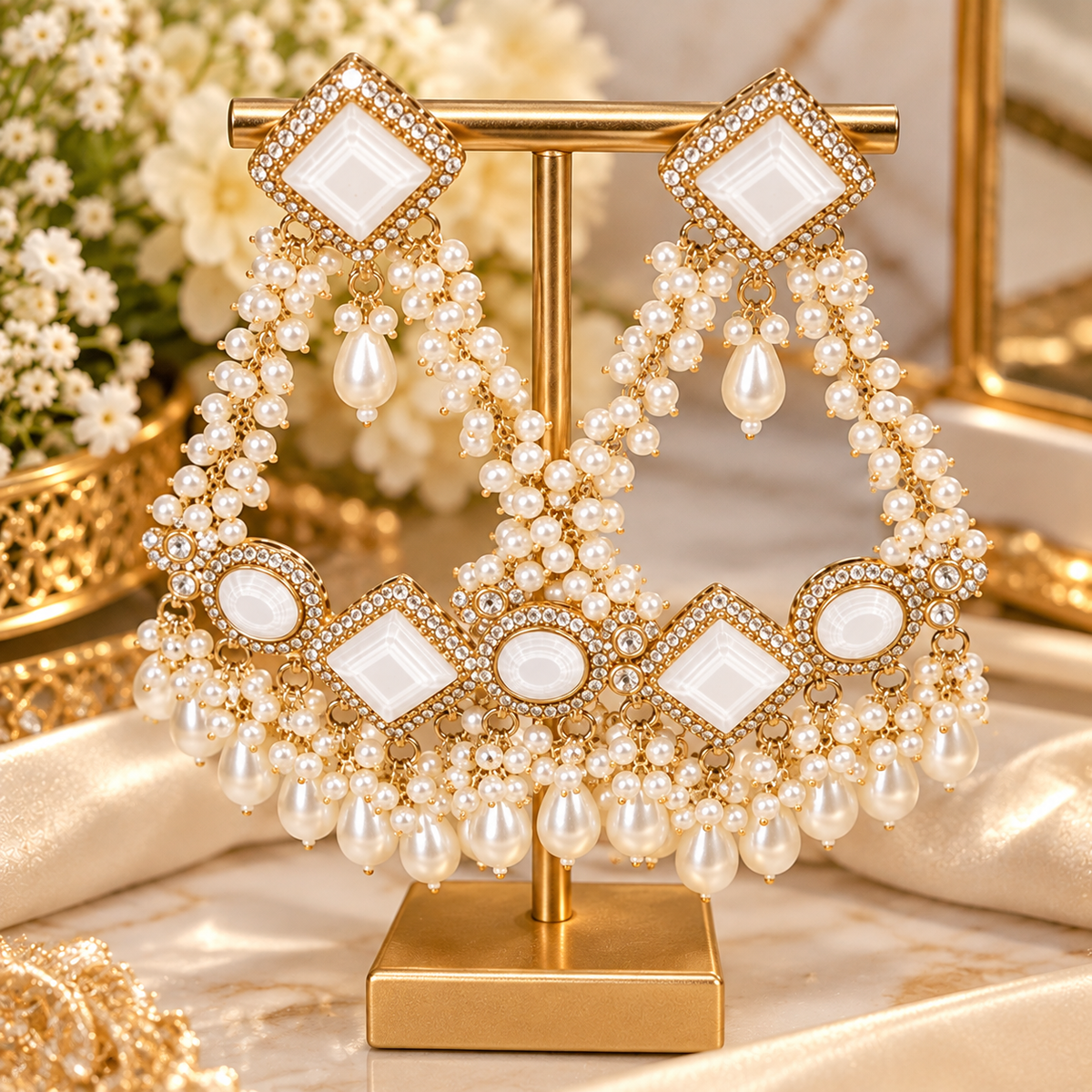 White Pearl & Gold-Tone Statement Chandelier Earrings