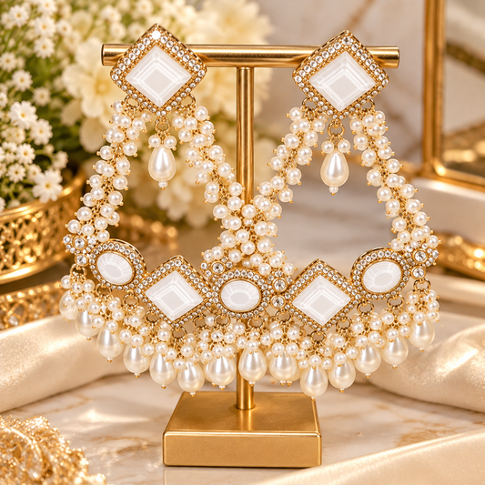 White Pearl & Gold-Tone Statement Chandelier Earrings