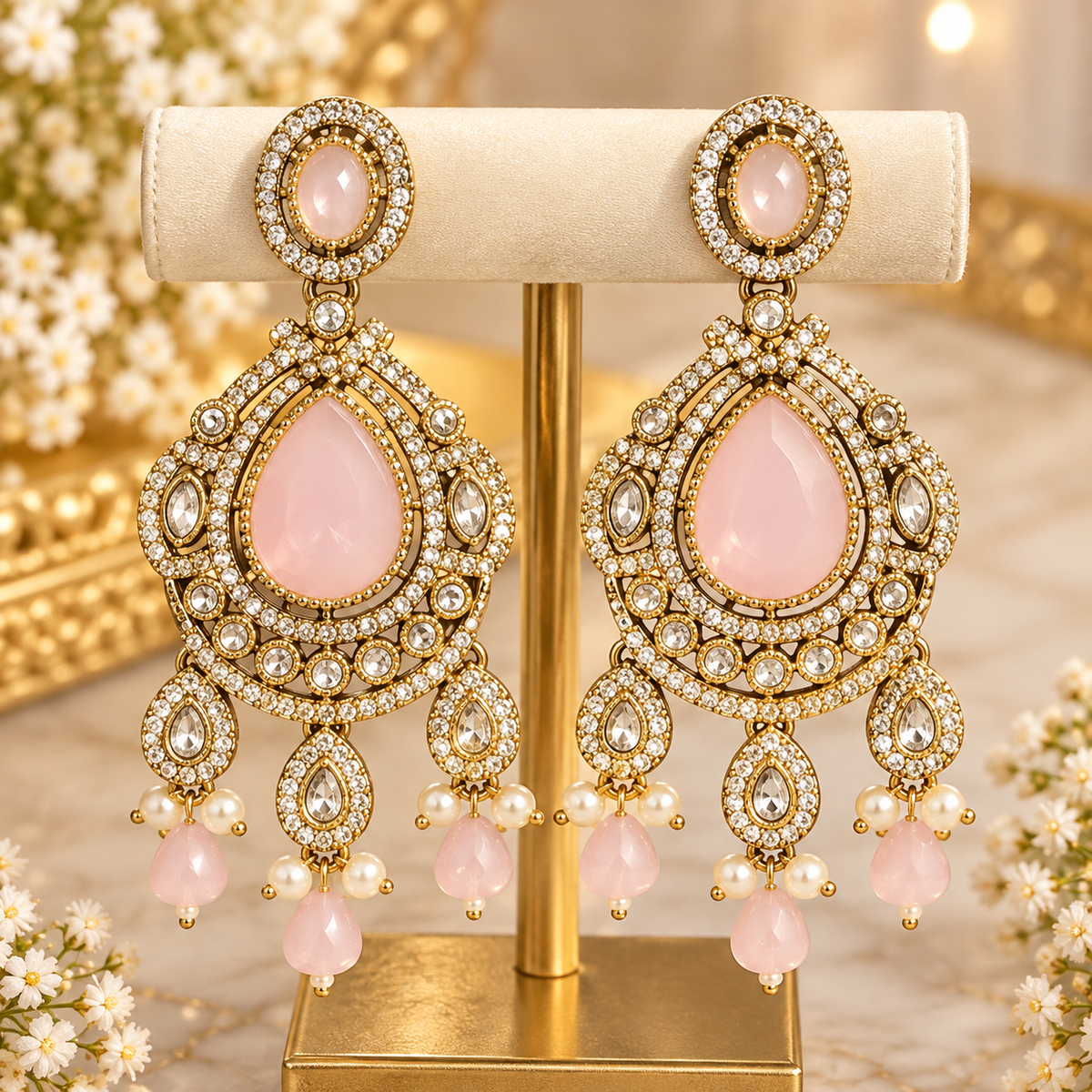 Pink Kundan Chandbali Statement Earrings