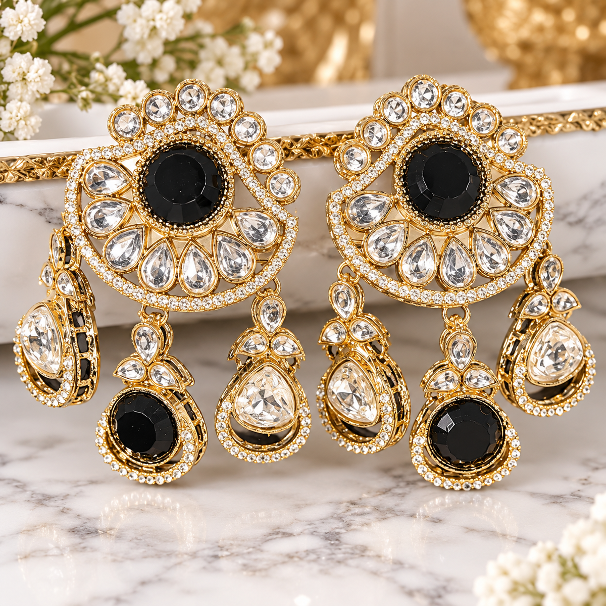 Gold-Tone Black & Clear Stone Statement Earrings