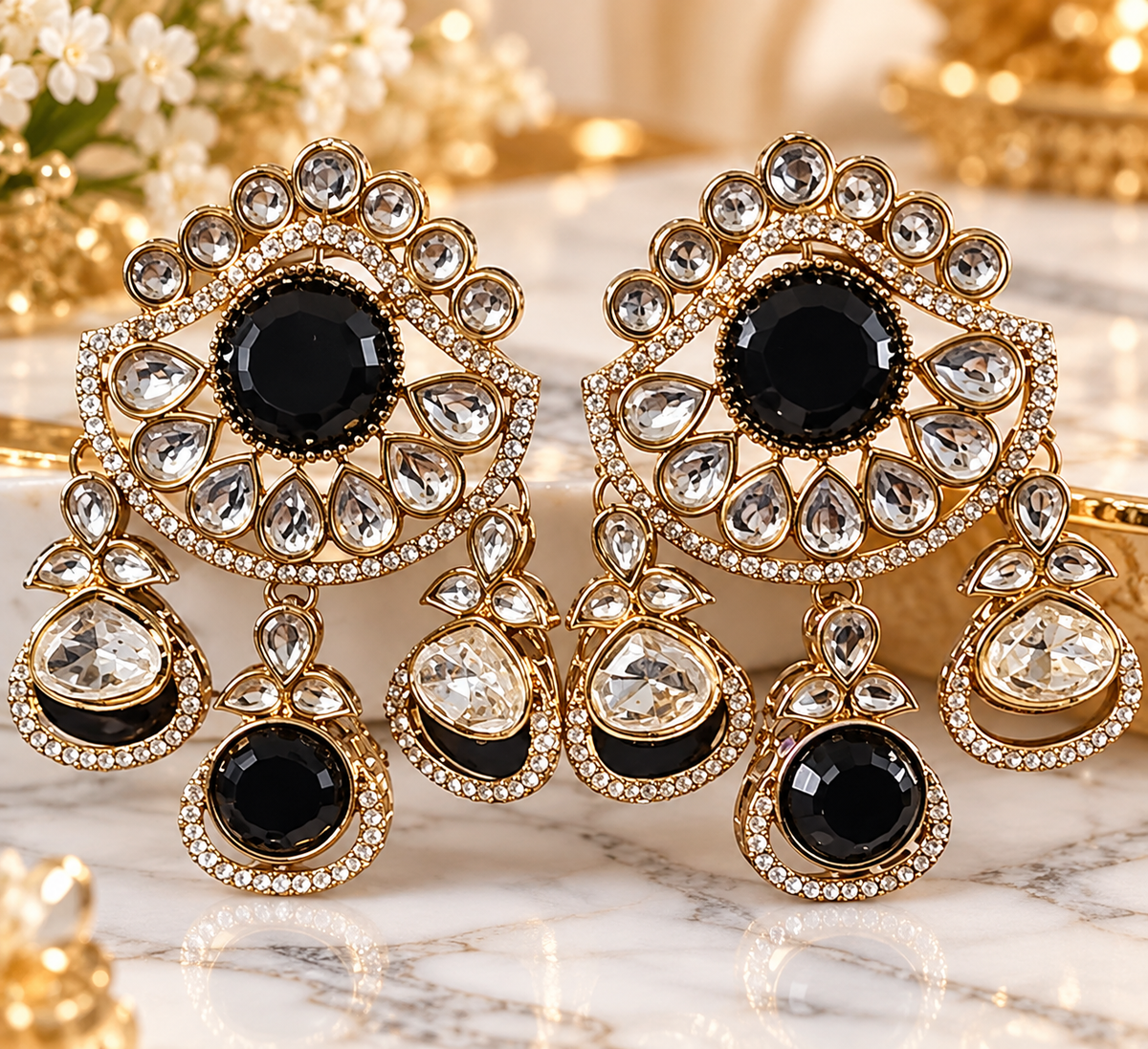 Gold-Tone Black & Clear Stone Statement Earrings