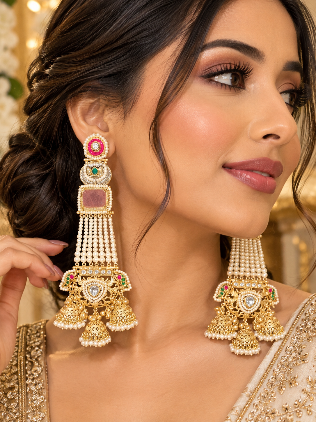 Pink & Green Pearl Jhumka Statement Earrings