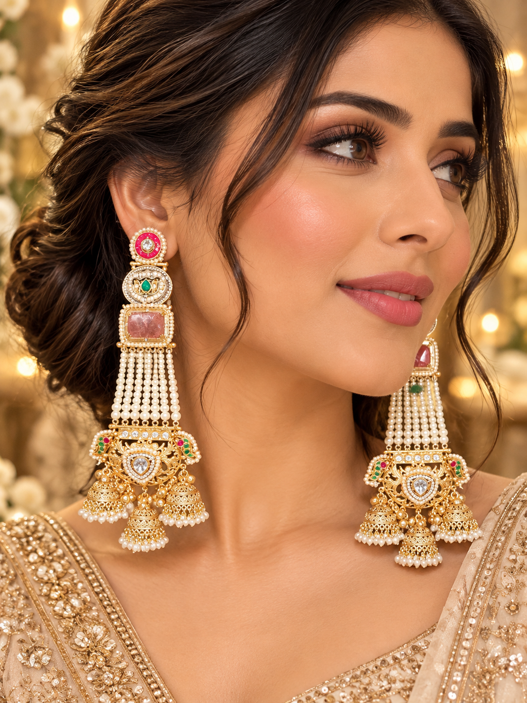 Pink & Green Pearl Jhumka Statement Earrings