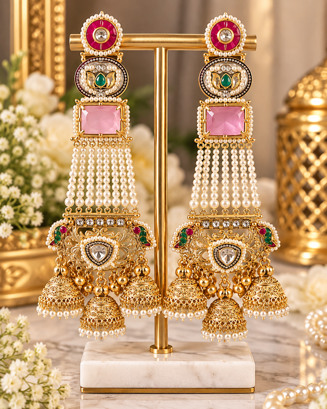 Pink & Green Pearl Jhumka Statement Earrings