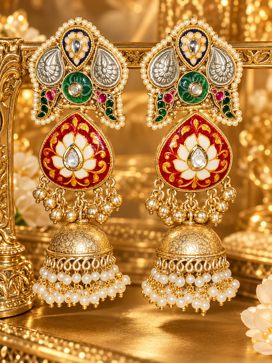 Multicolor Meenakari Pearl Fringe Jhumka Earrings