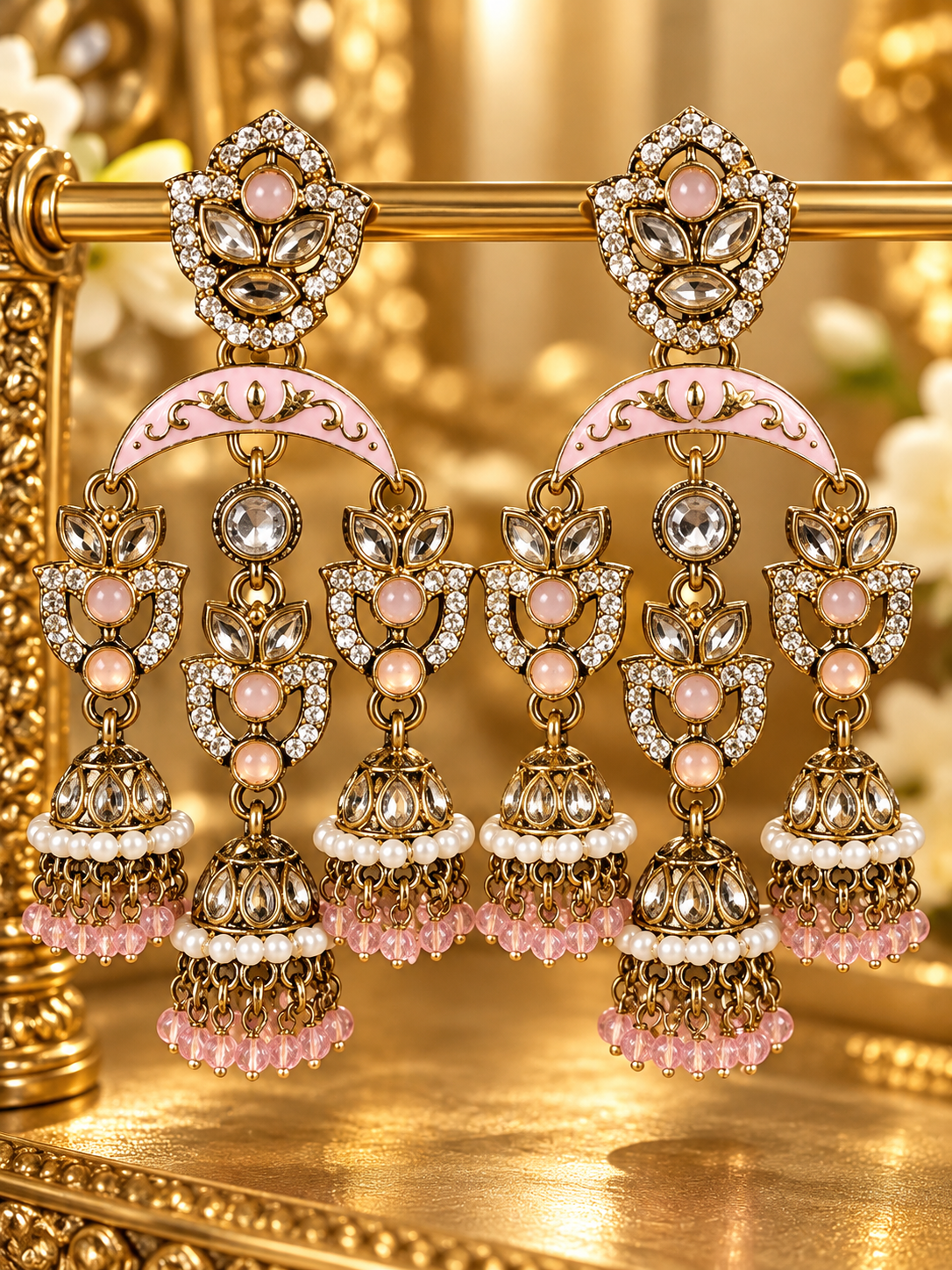 Blush Pink &Gold Statement Jhumka Earrings