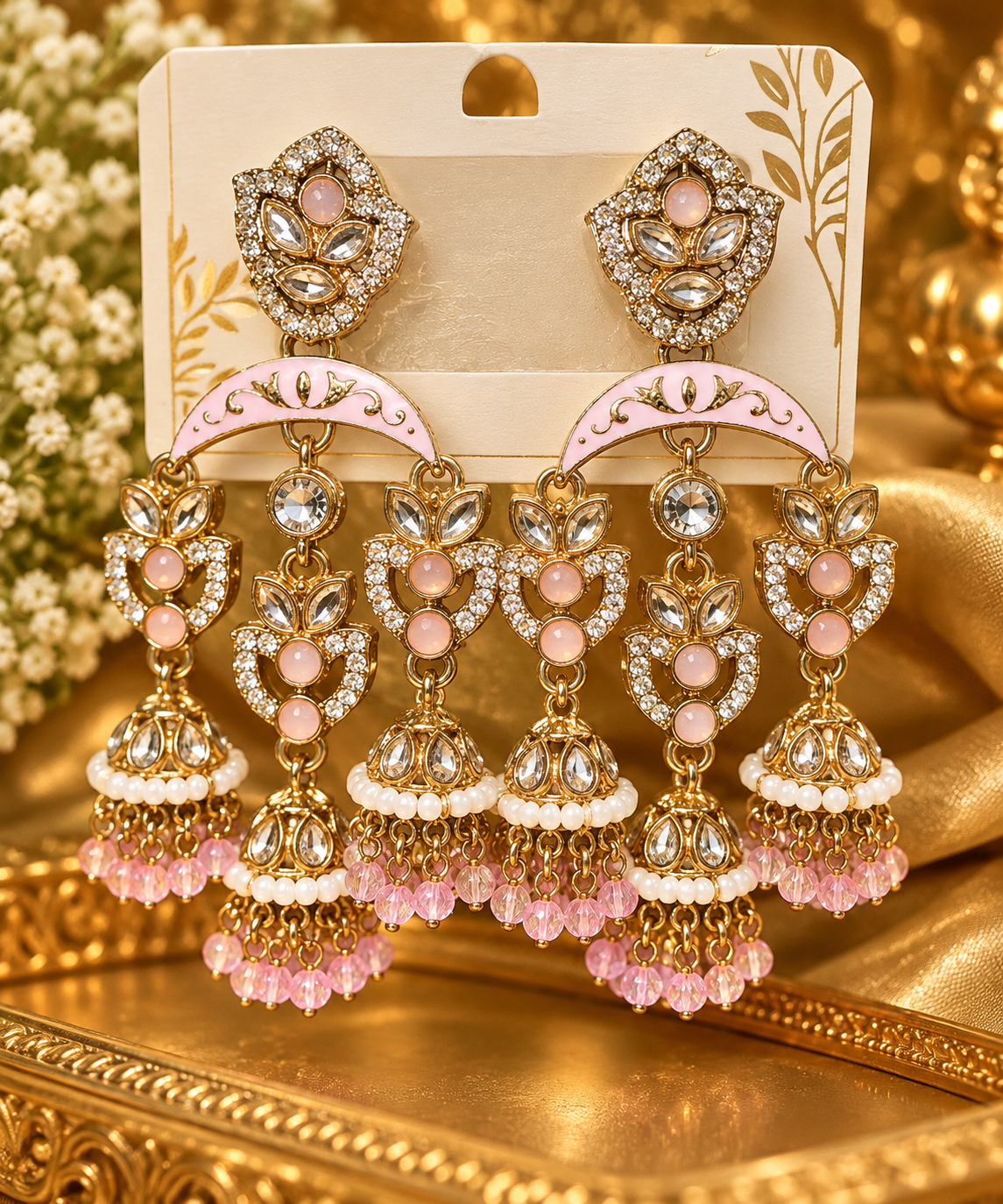 Blush Pink &Gold Statement Jhumka Earrings