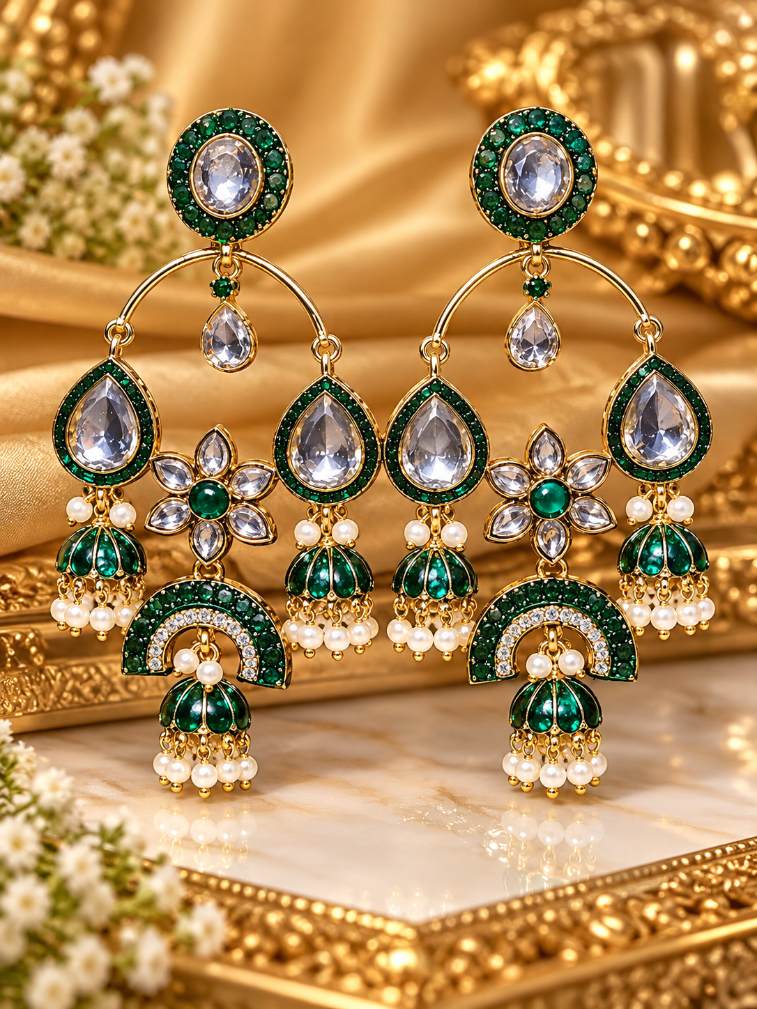 Emerald Green & Crystal Gold Statement Jhumka
