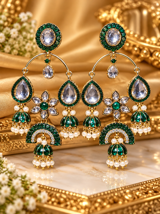 Emerald Green & Crystal Gold Statement Jhumka