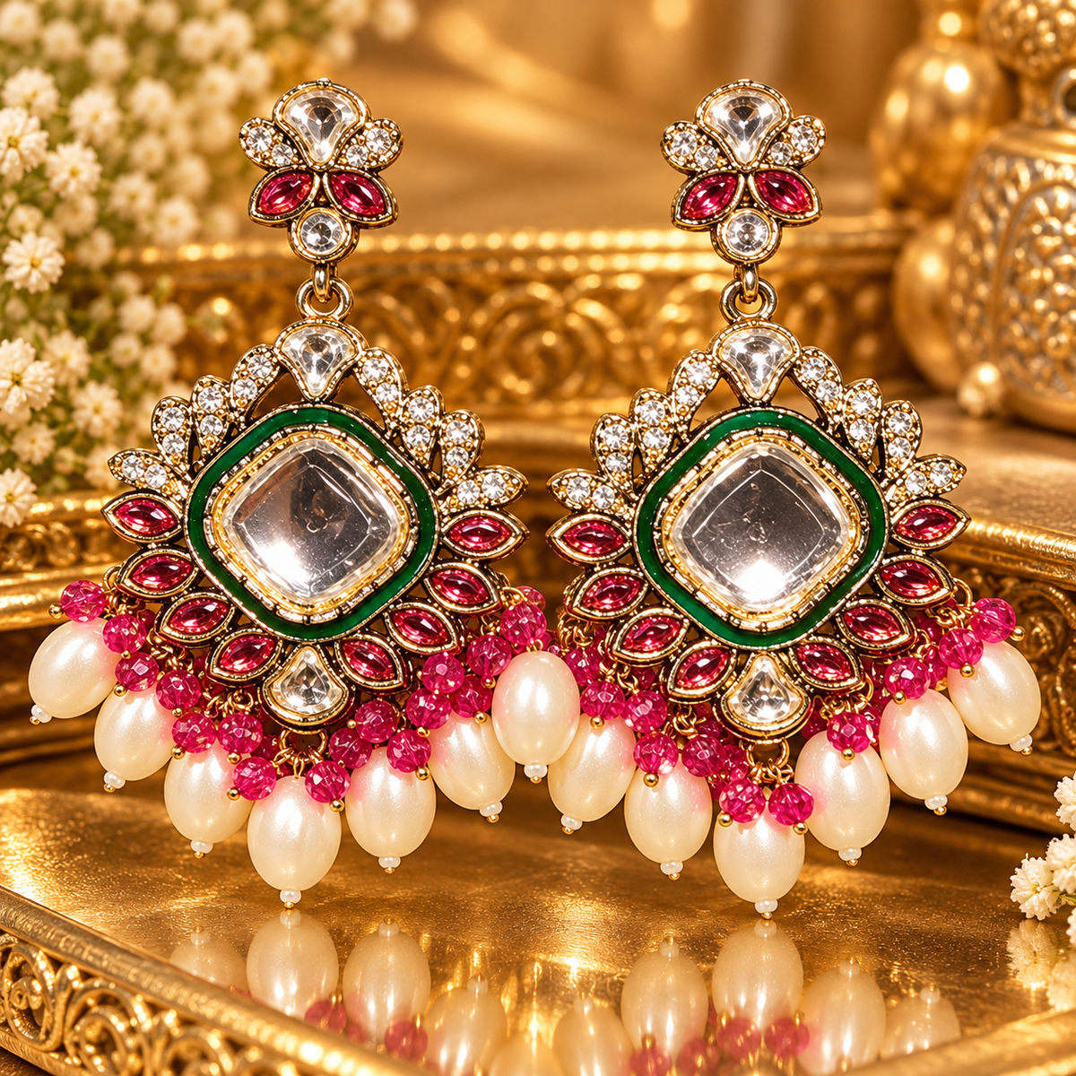 Emerald Green & Ruby Pink Statement Earrings with Pearl Drops