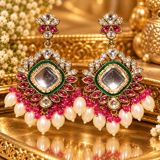 Emerald Green & Ruby Pink Statement Earrings with Pearl Drops