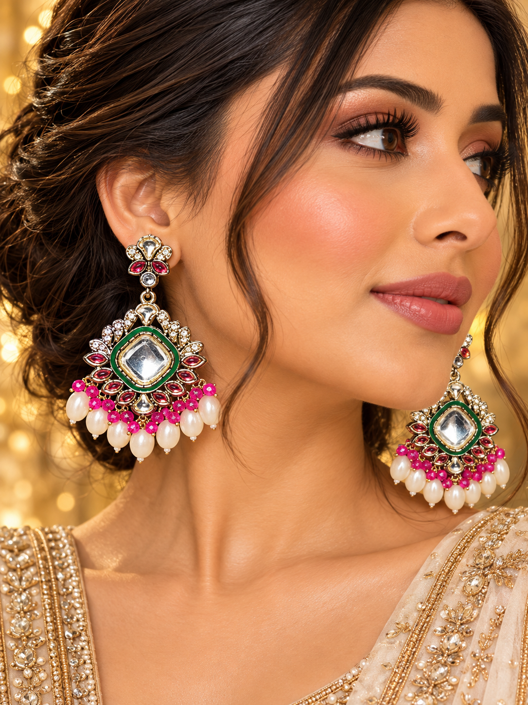 Emerald Green & Ruby Pink Statement Earrings with Pearl Drops