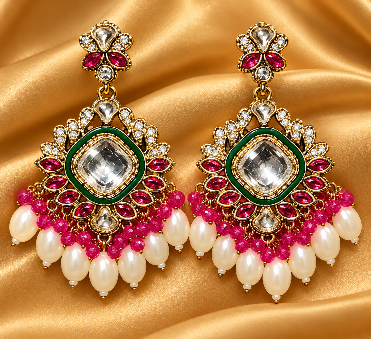 Emerald Green & Ruby Pink Statement Earrings with Pearl Drops