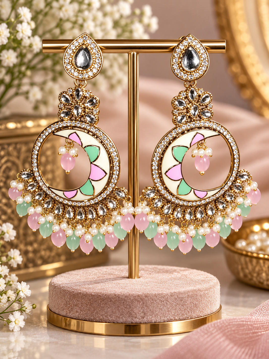 Pastel Elegance Kundan Chandbali Earrings – Pink & Mint Green